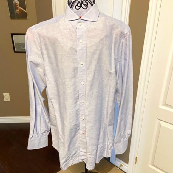 Isaia Men's Blue Pinstripe Dress Shirt in Sz 17 EUC - Picture 1 of 15